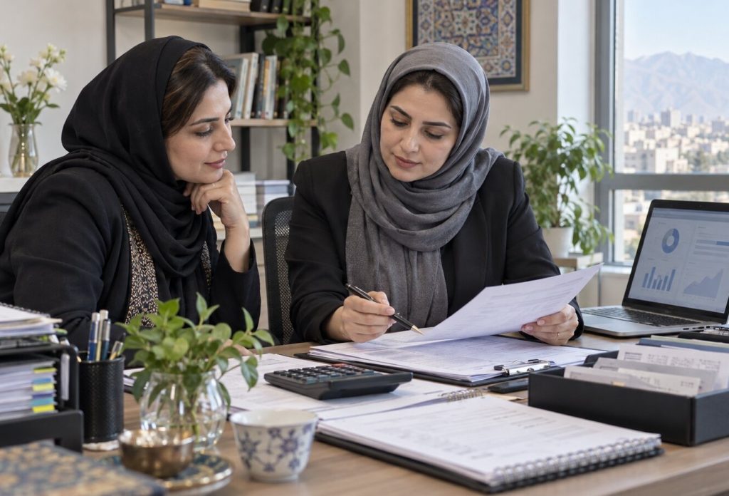 دو بانوی صاحب کسبوکار و حسابدار در حال بررسی اظهارنامه اشخاص حقیقی ۱۴۰۵. اظهارنامه دقیق از تطبیق فروش، هزینه و اسناد پرونده آغاز میشود.