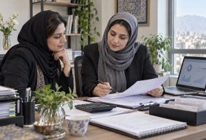 دو بانوی صاحب کسب‌وکار و حسابدار در حال بررسی اظهارنامه اشخاص حقیقی ۱۴۰۵. اظهارنامه دقیق از تطبیق فروش، هزینه و اسناد پرونده آغاز می‌شود.