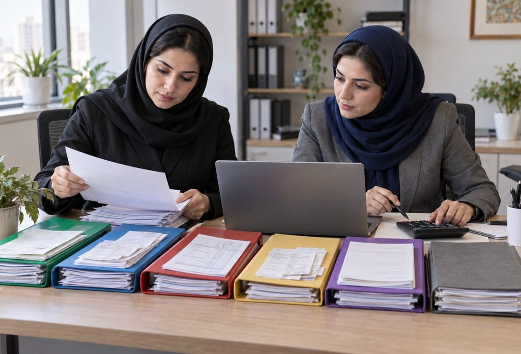 دو بانوی حسابدار در حال مرتبسازی مدارک اظهارنامه مالیاتی مشاغل.
فروش، هزینه، بانک، قرارداد و موجودی باید پیش از ورود اطلاعات با هم تطبیق داده شوند.