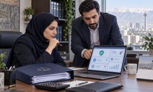 مدیر مالی و حسابدار در حال بررسی کارتابل ابلاغ الکترونیکی مالیاتی. بررسی روزانه کارتابل مالیاتی، بخشی از کنترل داخلی شرکت و کسب‌وکار است.