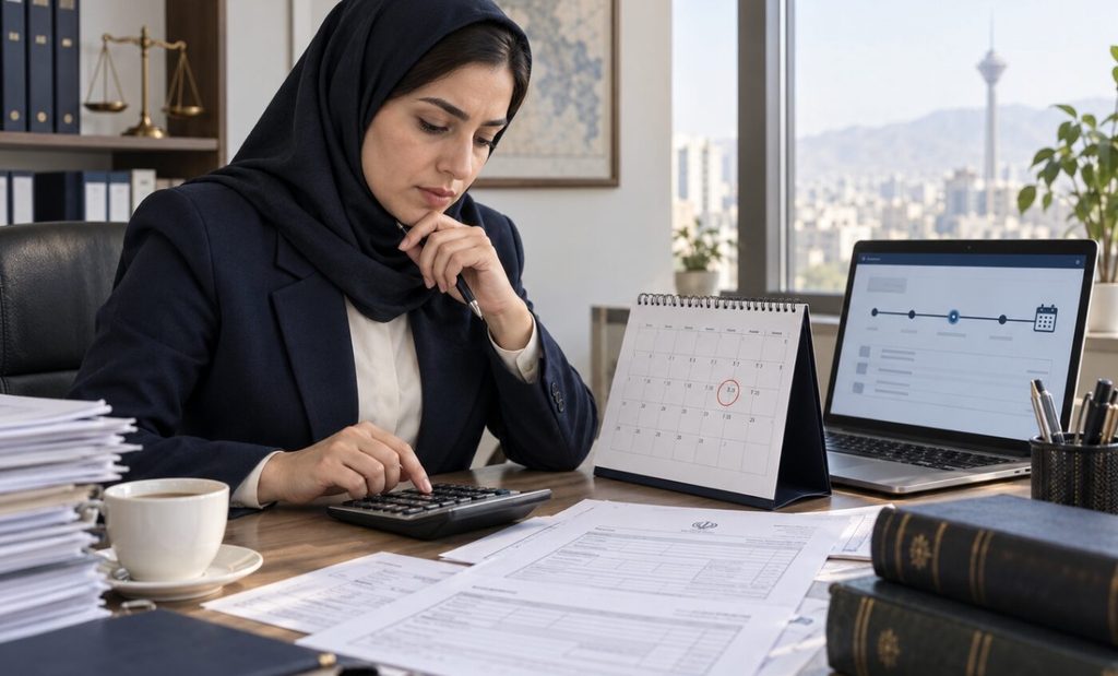 کارشناس مالی در حال محاسبه مهلت اعتراض مالیاتی با تقویم و اسناد پرونده.
محاسبه مهلت باید با تاریخ ابلاغ رسمی، تقویم کنترل و رسید سامانه پشتیبانی شود.