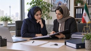 دو بانوی فعال اقتصادی در حال بررسی مدارک بستن پرونده مالیاتی. بستن پرونده با تطبیق تاریخ توقف فعالیت و تکالیف باقی‌مانده آغاز می‌شود.