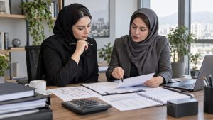 دو کارشناس مالی زن در حال بررسی قرارداد اجاره و تکالیف مالیاتی شرکت شرکت مستأجر باید پیش از پرداخت، قرارداد، هویت موجر و تکلیف کسر مالیات اجاره را کنترل کند.