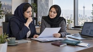دو مدیر و مشاور مالیاتی زن در حال بررسی پرونده ممنوع‌الخروجی مالیاتی شرکت بررسی هم‌زمان بدهی قطعی، دوره مدیریت و مستند دستور، نقطه شروع پیگیری است.