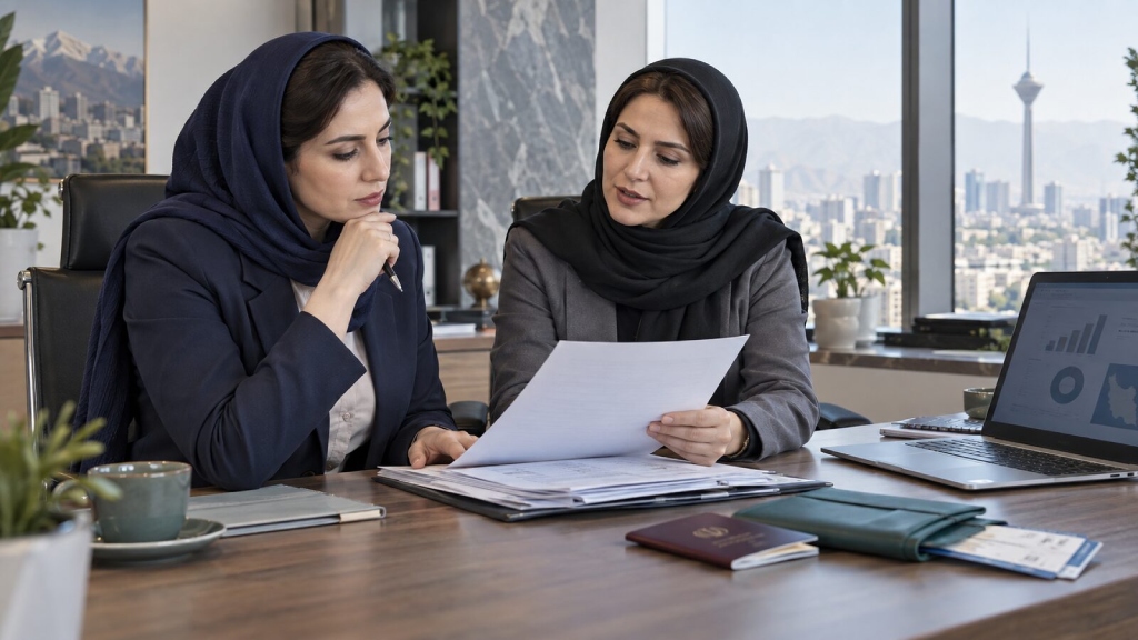 دو مدیر و مشاور مالیاتی زن در حال بررسی پرونده ممنوع‌الخروجی مالیاتی شرکت بررسی هم‌زمان بدهی قطعی، دوره مدیریت و مستند دستور، نقطه شروع پیگیری است.