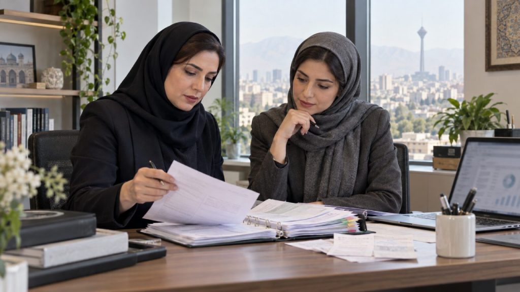 دو کارشناس مالی زن در حال بررسی اسناد اجرائیه و شکایت مالیاتی پیش از شکایت، قطعیت بدهی و اقدام اجرایی مورد اعتراض را جداگانه بررسی کنید.