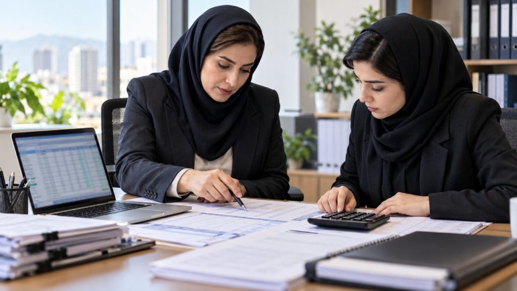 دو کارشناس زن مالی در حال آمادهسازی لیست مالیات حقوق کارکنان کنترل اطلاعات کارکنان، جمع حقوق و مالیات کسرشده پیش از ارسال، احتمال اصلاح و جریمه را کاهش میدهد.