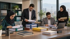 تیم مالی در حال مرتب‌سازی مدارک حسابرسی تأمین اجتماعی. آماده‌سازی منظم اسناد، مسیر رسیدگی و پاسخ‌گویی را قابل‌ردیابی می‌کند.