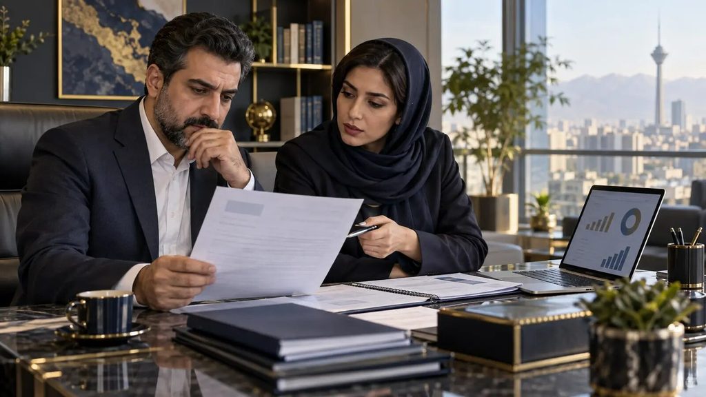 مؤدی و مشاور مالیاتی در حال بررسی برگ مطالبه ارزش افزوده. بررسی نوع برگ، تاریخ ابلاغ و مبنای محاسبه، نقطه شروع اعتراض مستند است