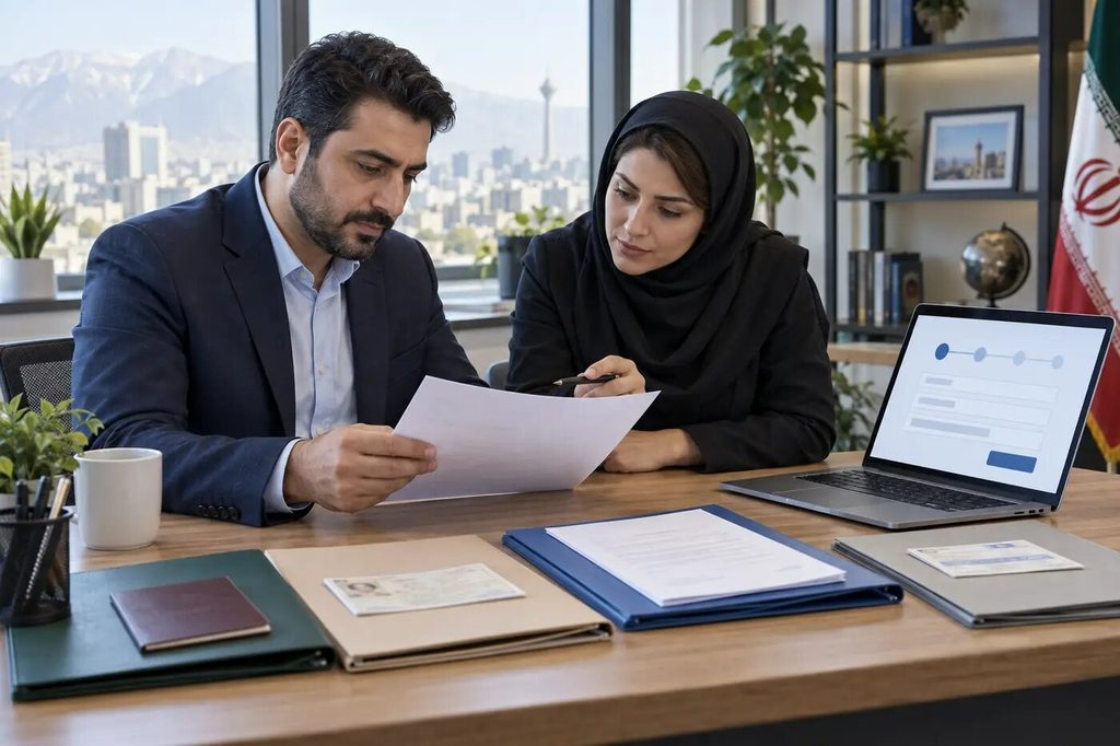 مدیر کسبوکار و حسابدار در حال بررسی مدارک پرونده مالیاتی.
پیش از تأیید نهایی، اطلاعات هویتی، نشانی، فعالیت و حسابها باید یکپارچه کنترل شوند.
