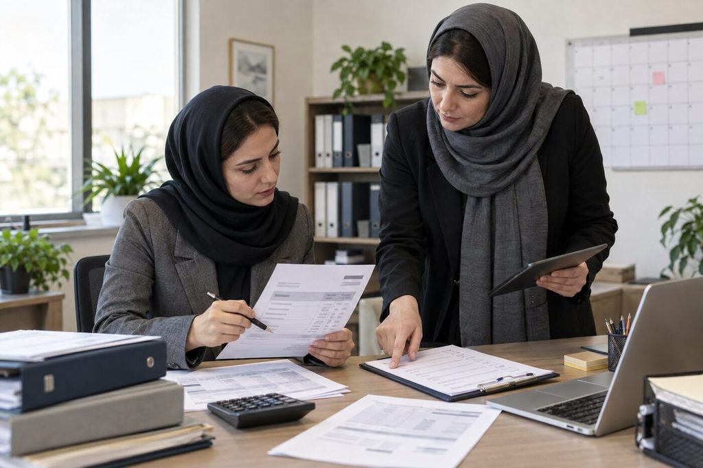 حسابدار و مدیر مالی زن در حال کنترل فاکتور و چکلیست کسر و ایصال
چکلیست پرداخت باید طرفین، نوع درآمد، مهلت و رسید واریز را پوشش دهد.