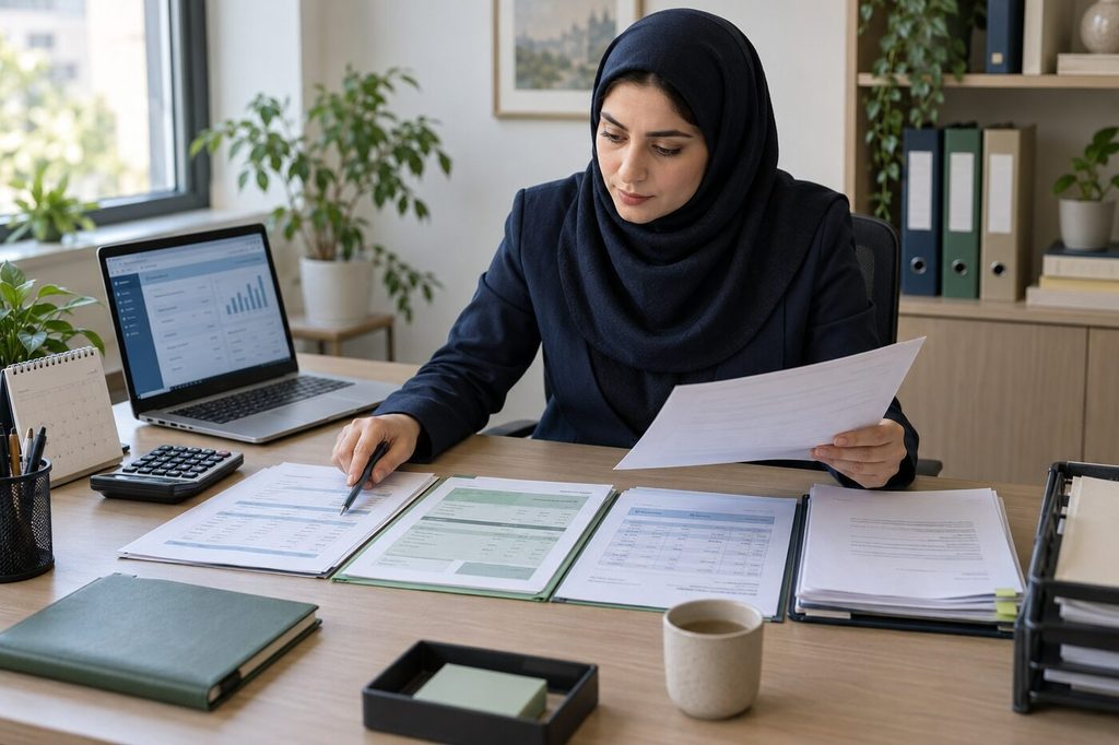 مدیر مالی زن در حال تکمیل چکلیست رفع توقیف حساب مالیاتی با اسناد پرداخت و اعتراض.
پرونده کامل شامل ابلاغها، گردش بدهی، دستور بانک و رسیدهای ثبتشده، مسیر پیگیری را قابل اثبات میکند.