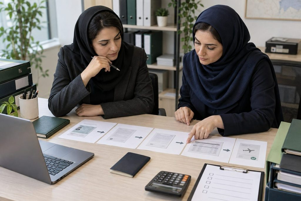 دو کارشناس زن در حال مرتب‌کردن مدارک مراحل رفع ممنوع‌الخروجی مالیاتی