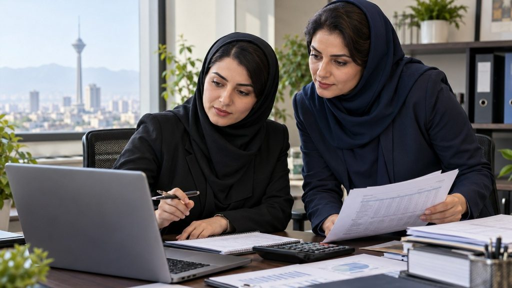 مدیر مالی زن و کارشناس حقوق زن در حال کنترل فیش و مزایای مشمول مالیات
پیش از اعمال نرخ، ماهیت هر پرداخت و معافیت قانونی آن کنترل شود.