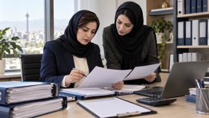 مدیر مالی و کارشناس منابع انسانی در حال بررسی گزارش بازرسی تأمین اجتماعی و اسناد کارگاه. تطبیق گزارش بازرسی با لیست بیمه، کارکرد و اسناد استخدامی، نخستین گام برای اعتراض مستند است.