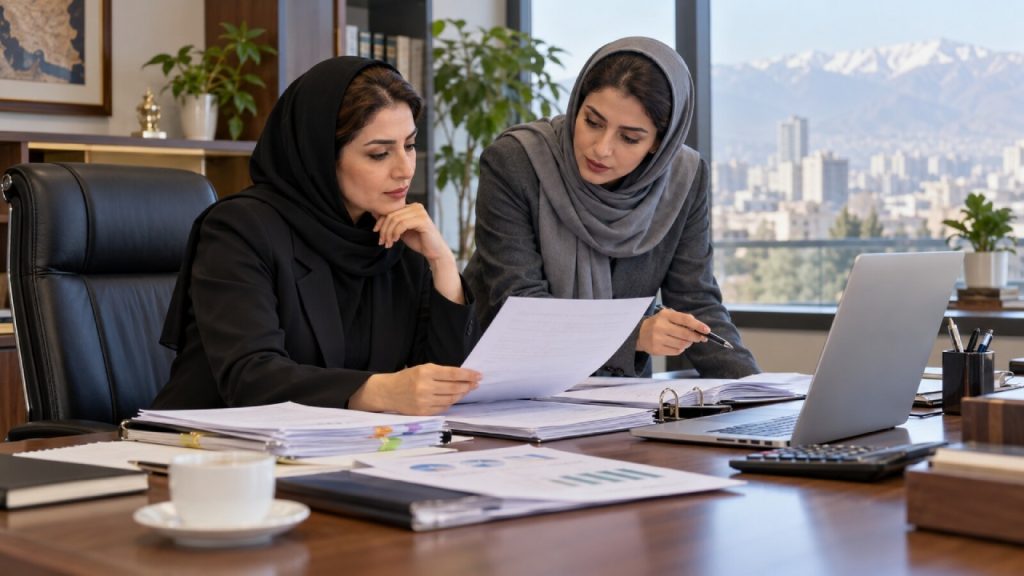 مدیرعامل زن و کارشناس حقوق و دستمزد در حال بررسی صورتجلسه شرکت و مدارک بیمه. عنوان مدیرعامل یا عضو هیئتمدیره بهتنهایی وضعیت بیمه را تعیین نمیکند؛ رابطه کاری و نحوه دریافت مزد باید مستند شود.
