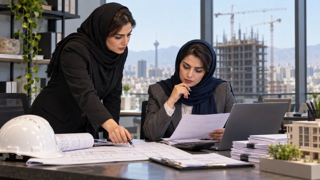 مدیر پروژه و مدیر مالی زن در حال بررسی قرارداد پیمانکاری و اسناد مالی. کنترل مالیاتی قرارداد پیمانکاری از زمان امضا و تنظیم صورت‌وضعیت آغاز می‌شود، نه در پایان سال.