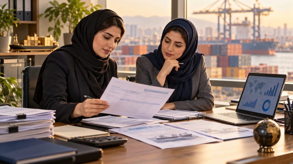 دو مدیر مالی زن در حال بررسی اسناد واردات و مالیات شرکت بازرگانی. کنترل مالیاتی تجارت از زنجیره اسناد خرید و واردات آغاز میشود.
