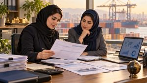 دو مدیر مالی زن در حال بررسی اسناد واردات و مالیات شرکت بازرگانی. کنترل مالیاتی تجارت از زنجیره اسناد خرید و واردات آغاز می‌شود.