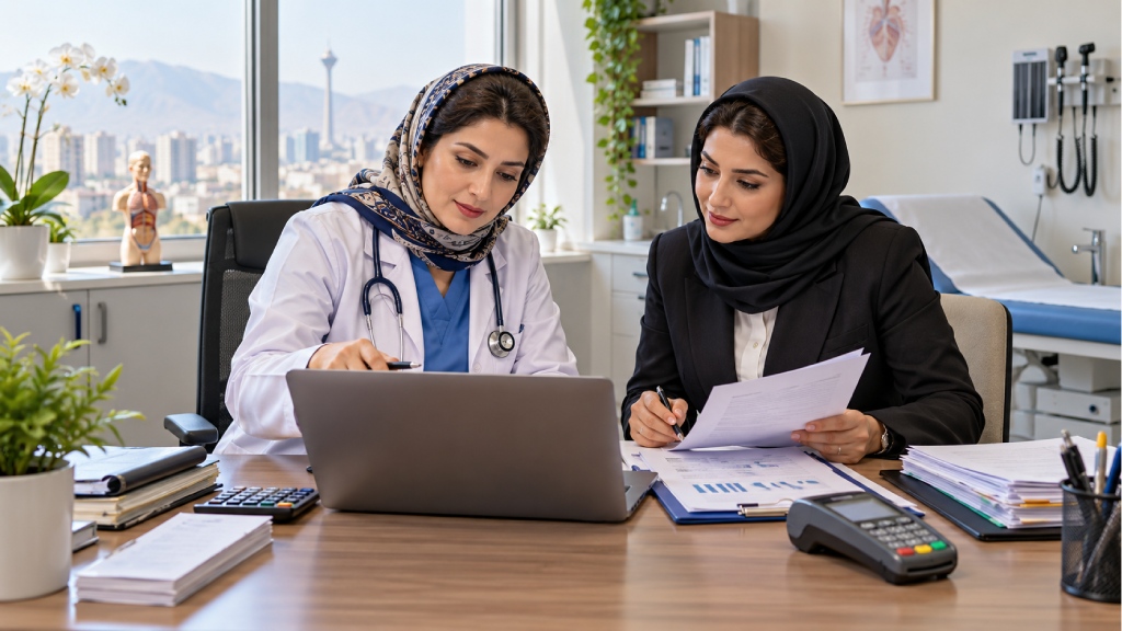 پزشک و حسابدار در حال بررسی پرونده مالیاتی مطب. تفکیک دریافتی درمانی، کسور و هزینههای مستند