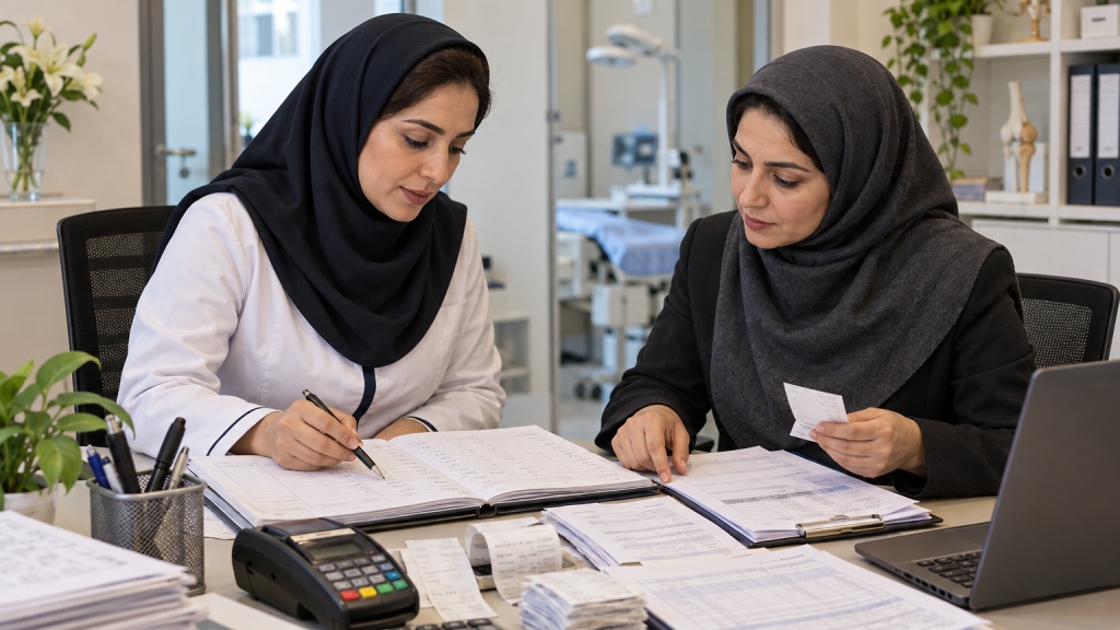 بررسی رسیدهای کارتخوان و اسناد مالی مرکز درمانی.
تفکیک دریافتی درمانی، کسور و هزینههای مستند