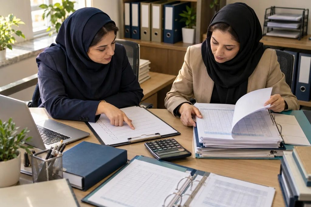 دو کارشناس زن در حال دسته‌بندی قراردادها، لیست بیمه و اسناد حضور و غیاب برای اعتراض به گزارش بازرسی.

مدارک باید بر اساس هر شخص و هر دوره زمانی مرتب شوند تا ارتباط ادعا با سند برای مرجع رسیدگی روشن باشد.
