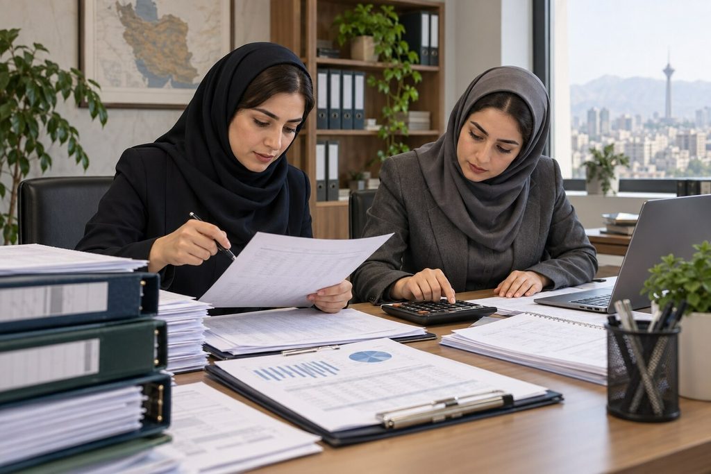 دو حسابدار زن در حال تطبیق صورت‌وضعیت پیمانکاری با صورتحساب و محاسبات مالیاتی.

صورت‌وضعیت، صورتحساب الکترونیکی و دفاتر باید مبلغ پایه و مالیات را به‌صورت قابل ردیابی نشان دهند.