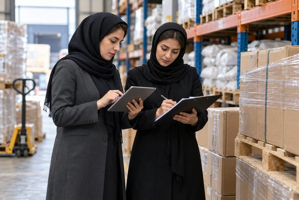 دو حسابدار زن در انبار در حال تطبیق موجودی کالا با اسناد مالی.
موجودی واقعی باید با دفاتر و بهای تمامشده قابل تطبیق باشد.