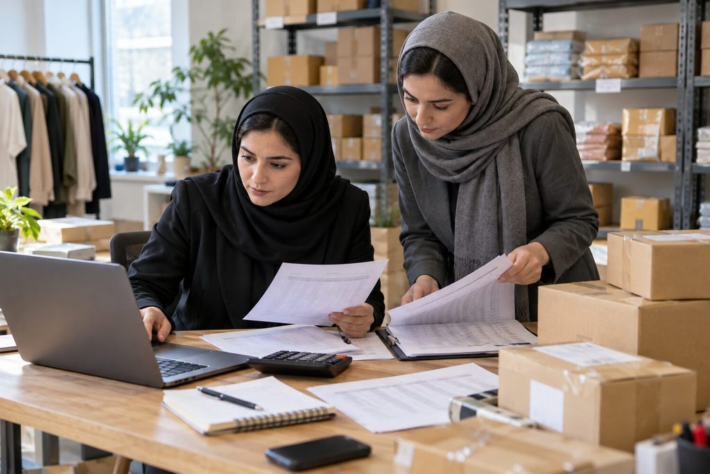 دو حسابدار زن در حال تطبیق سفارش‌های فروشگاه اینترنتی با درگاه و موجودی.
هر تسویه درگاه باید به سفارش، ارسال یا مرجوعی قابل ردیابی باشد.